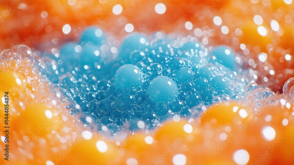 Poster colorful abstract bubbles and spheres in vibrant orange and blue, creating a dynamic visual composit