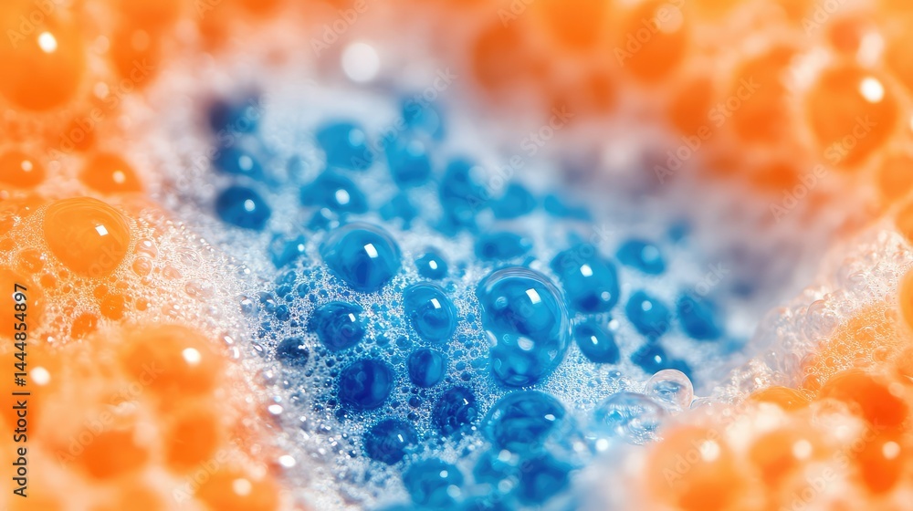 Poster close-up view of colorful soap bubbles in vivid orange and blue foamy mixture creating a bright and 