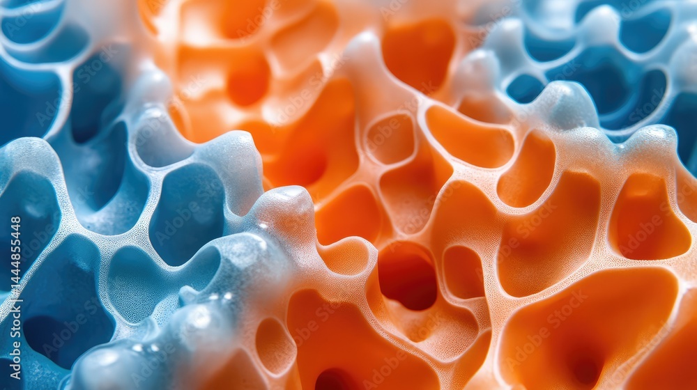 Poster abstract texture of colorful foam with blue and orange shades, showcasing unique patterns and shapes