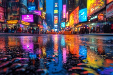 Obraz premium City lights reflecting in a rainy street