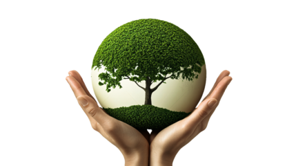 Hands holding a globe with a tree growing on Transparent Background
