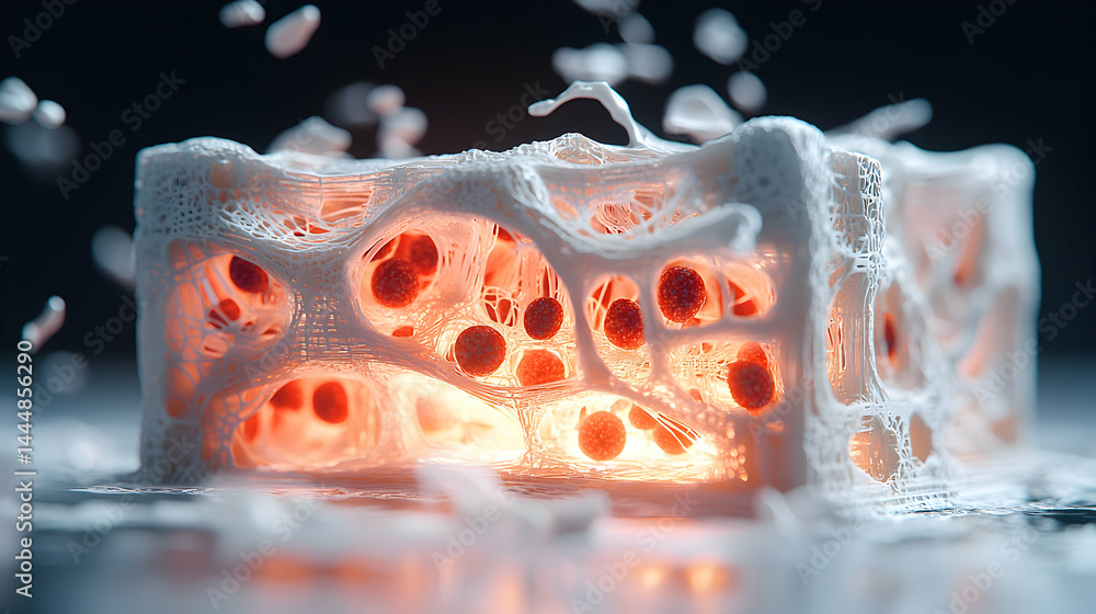 Poster this image depicts a microscopic view of bone structure. the glowing red cells highlight the porous 