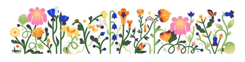 Border with different wildflowers, grass and butterflies, bugs. Banner with floral composition. Abstract flowers, bloom meadow and garden plants. Flat isolated vector illustration on white background © Paper Trident