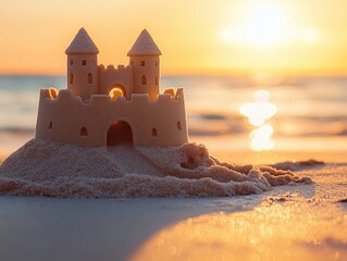Beautiful sandcastle at sunset by the beach