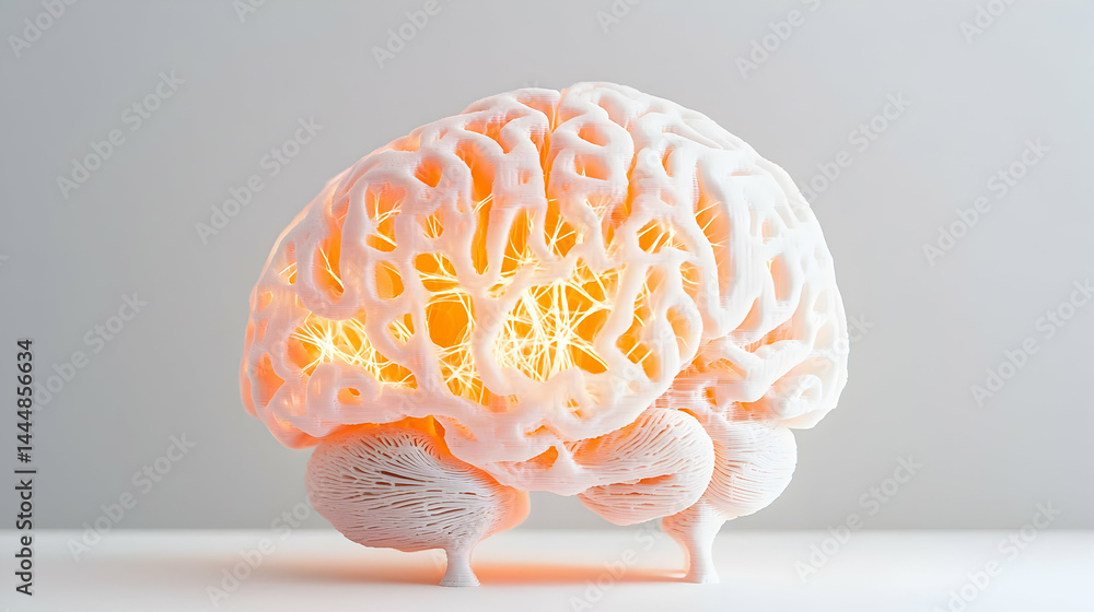 Poster this image depicts a 3d-printed brain model glowing with internal light. it could be used for educat