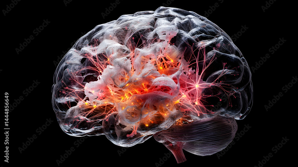 Aufkleber an artistic depiction of the human brain illuminated with neural pathways showing activity. suitable