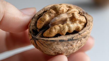 Fototapeta premium Walnut in hand: A close-up shot revealing the intricate details of a cracked walnut held in a person's hand, showcasing its natural texture and the rich, organic beauty of the nut.