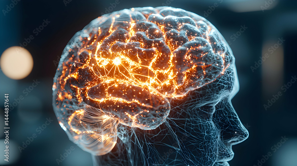 Poster depiction of a brain showcasing neural activity. suitable for science or technology presentations to