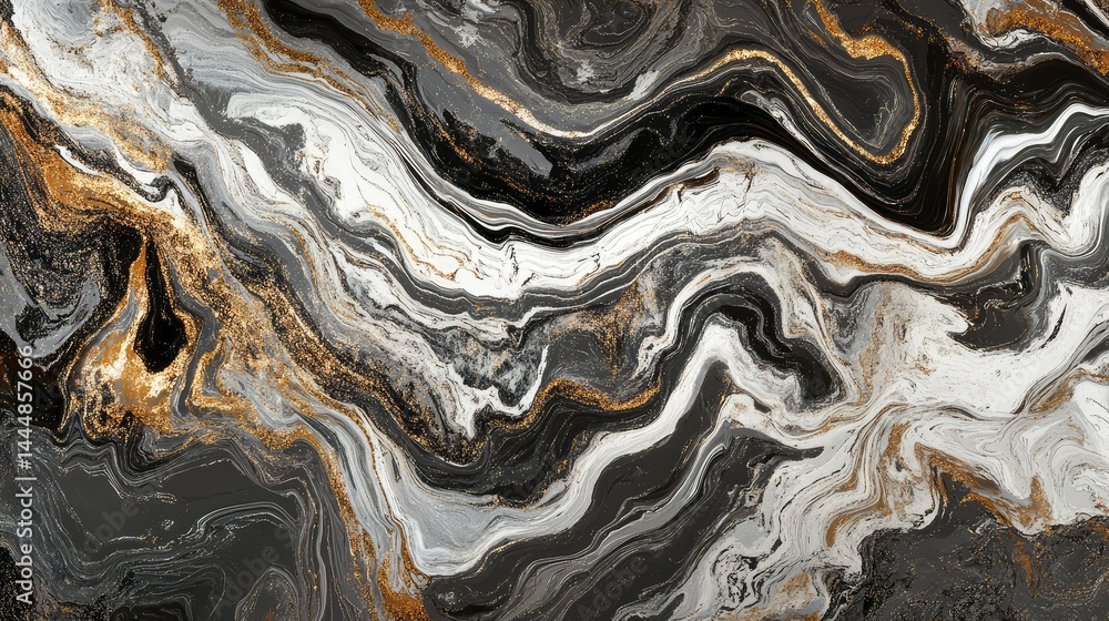 Poster abstract marble texture with swirling patterns of black, white, gray, and gold hues creating a luxur