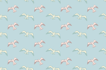 Seamless pattern with seagulls flying in the sky. Summer sea background.