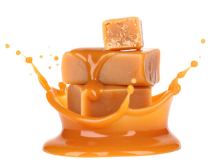 Caramel blocks splashed in syrup against isolate background.