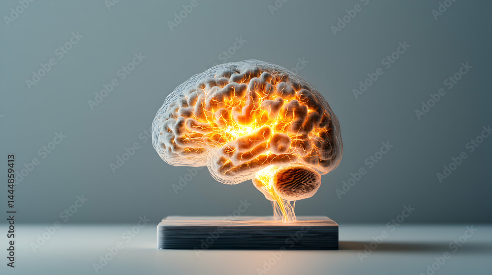Aufkleber an illuminated brain on a platform depicts thought or cognition. ideal for educational or scientific