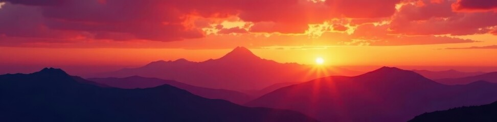 Expansive mountain range silhouetted against a blazing sunset sky , sky, fiery