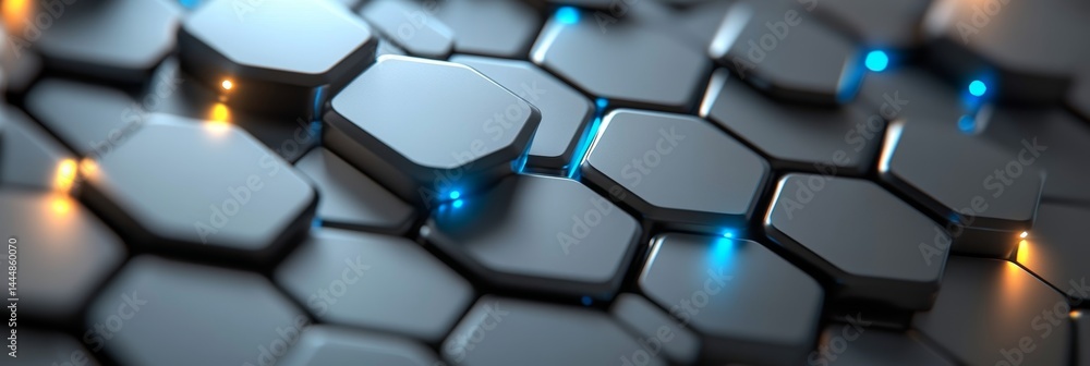 Poster 3d hexagon pattern with blue light flashes, abstract technology and data security background design