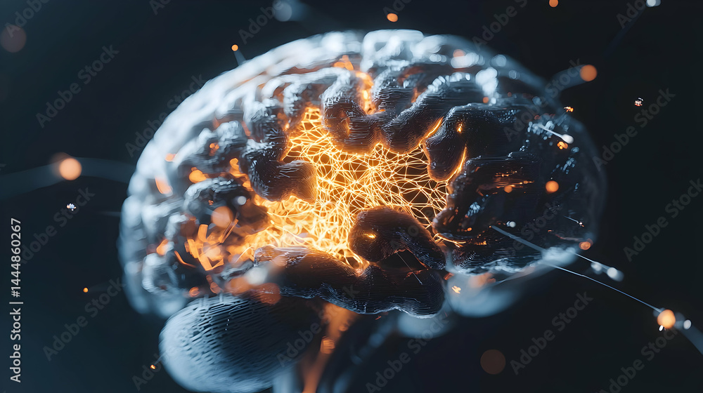 Poster an artistic depiction of a brain with glowing neural connections suggesting cognitive activity. it i