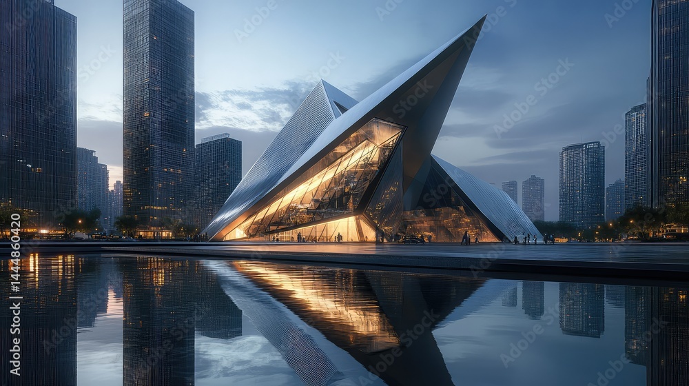 Poster modern architectural masterpiece with sharp angles and reflective surfaces in an urban landscape dur