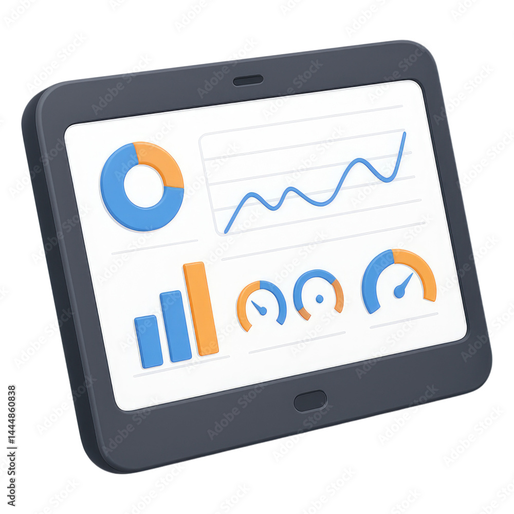 Poster data analytics dashboard displayed on a tablet device showing charts graphs for business