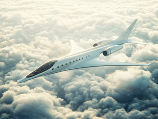 Obraz premium Modern jet flying over fluffy white clouds at high altitude