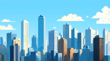 Obraz premium Urban Landscape Illustration with Tall Skyscrapers, Blue Sky and Fluffy Clouds Depicting a Vibrant City Skyline in a Colorful Digital Artwork Style