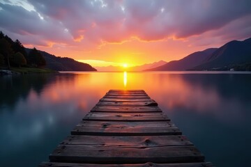 Obraz premium Sunrise paints weathered wooden pier, tranquil lake reflects golden light, rays, background, photography