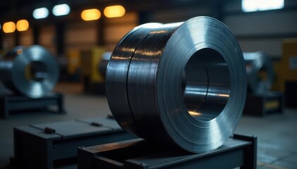 Fototapeta premium Tightly wound coil, stainless steel, industrial setting, roll, precision, shipping