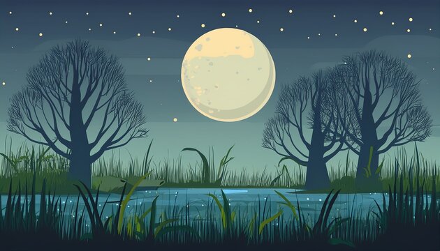 Swamp forest, Cartoon night marsh landscape with trees bog grass fireflies moon vector illustration