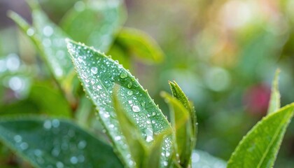 Fototapeta premium Close-up of dew-covered plant leaves symbolizing vitality and growth, soft focus