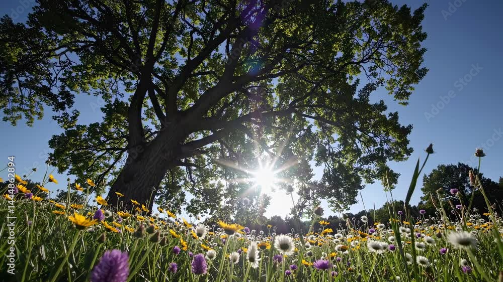 Poster low-angle video shot of a large tree with sunlight filtering through, surrounded by colorful wildflo