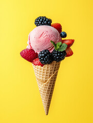 Summer berries ice cream in an ice cream cone garnished with fresh strawberries and blackberries. Isolated on a yellow background with food styling elements