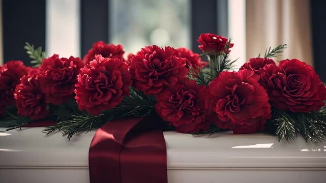 A close-up of a funeral banner with an elegant arrangement of deep red carnations and a flowing black ribbon, set against a soft-focus background of muted colors to convey a respectful atmosphere