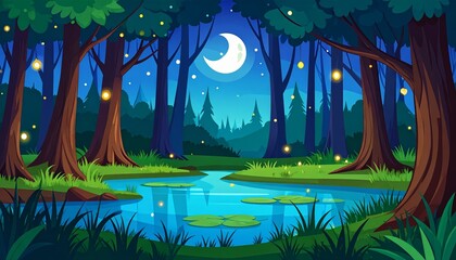 Swamp forest, Cartoon night marsh landscape with trees bog grass fireflies moon vector illustration