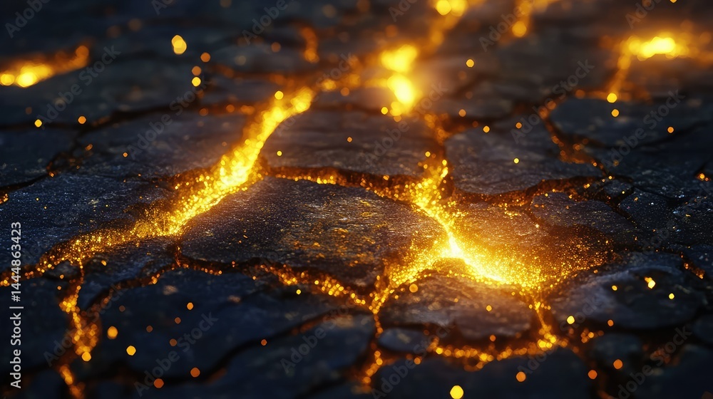 Poster glowing lava cracks in dark ground surface with sparkling embers creating an enigmatic and luminous 