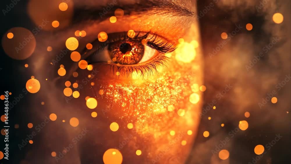 Poster Glowing fire sparkles illuminate a mesmerizing eye with vibrant transitions, glowing fire sparkles flare transition