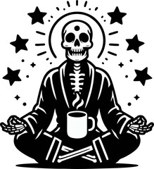 Meditating Skeleton Wearing Robe With Coffee Surrounded By Stars In A Black And White Vector Art