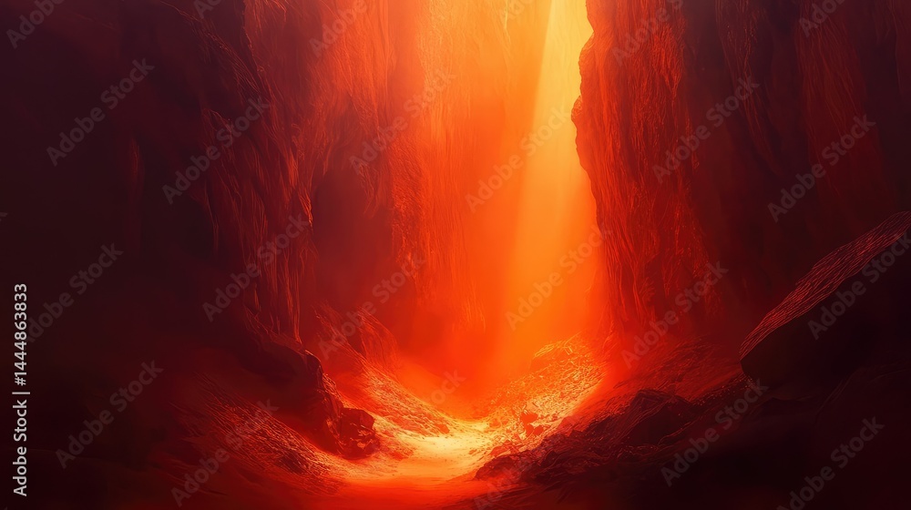 Poster mesmerizing orange and red light illuminates a fiery canyon with dramatic rays piercing through the 