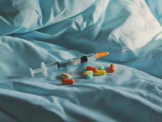 Syringe and pills tablets on a bed. Concept photo of substance abuse, medical condition, mental health