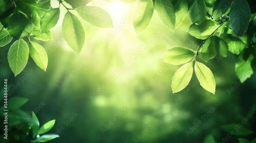 Poster lush green leaves with sunlight filtering through a dense forest canopy creating a serene and inviti