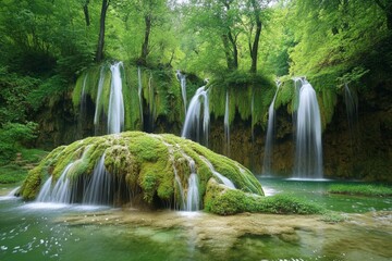 Lush forest waterfall cascade