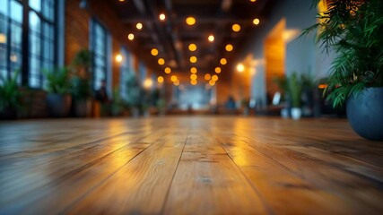 A spacious indoor area features warm wooden flooring and dim lighting, creating a welcoming and comfortable setting for social events. Lush plants add a touch of nature.