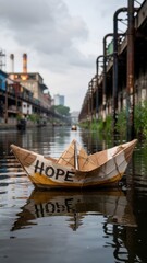 Obraz premium Hopeful paper boat floats in water beside decaying industrial ruins