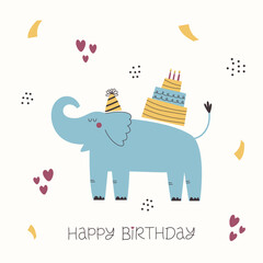 Happy Birthday greeting card with funny elephant, birthday cake and colorful confetti. Hand drawn birthday card or poster design.