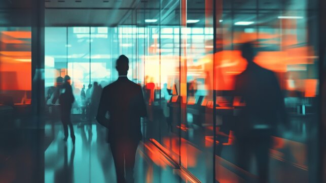 Business people walking in modern office hallway, blurred background.