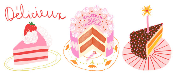 Hand drawn colorful cartoon cake illustrations