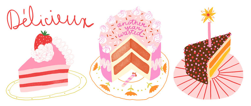 Hand drawn colorful cartoon cake illustrations