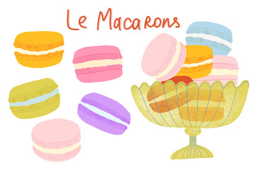 Hand drawn french macaroons dessert in bowl