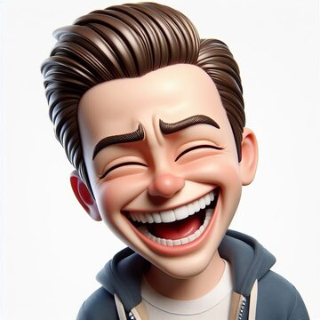 A stylized cartoon character with a wide, expressive smile and squinted eyes conveys extreme