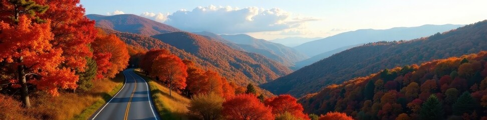 Obraz premium Vibrant fall foliage blankets Blue Ridge Parkway's forested slopes , peaceful, scenic