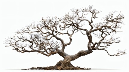 Obraz premium Mature, leafless tree with sprawling branches against white background.