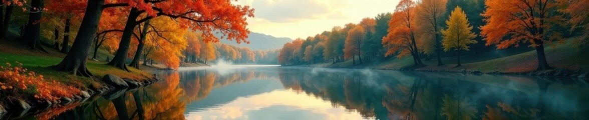 Fototapeta premium Majestic beech trees reflected in still water, green, morning