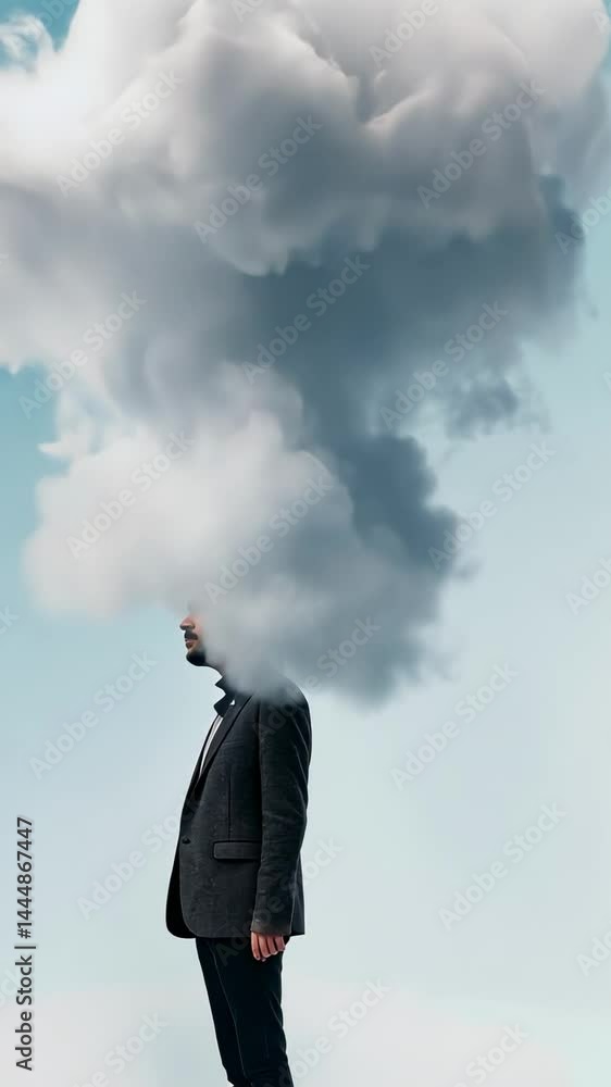 Poster surreal image of a businessman rotating, with a cloud replacing his head, symbolizing confusion, bra